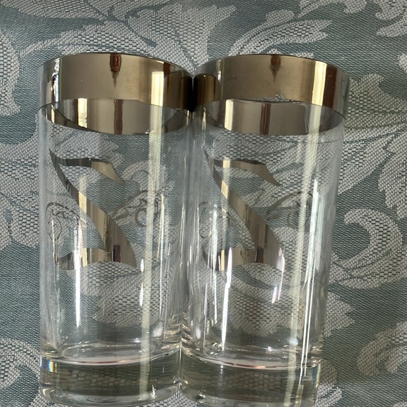 VINTAGE MONOGRAM Z SILVER RIM SCROLLS WEIGHTED QUEENS LUSTERWARE HIGHBALL SET 2 - Picture 6 of 9